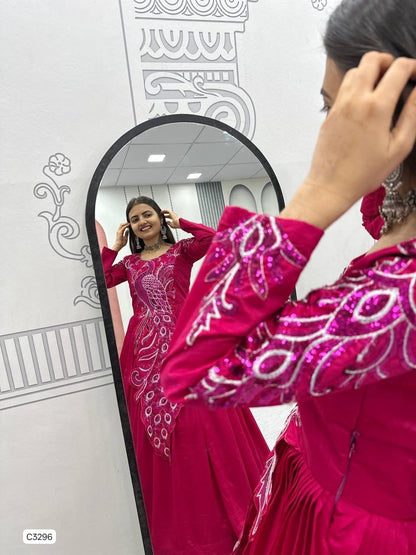 Exclusive Fuchsia Peacock Embroidered Anarkali Gown in Vichitra Silk
