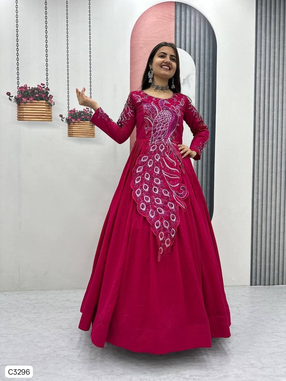 Exclusive Fuchsia Peacock Embroidered Anarkali Gown in Vichitra Silk