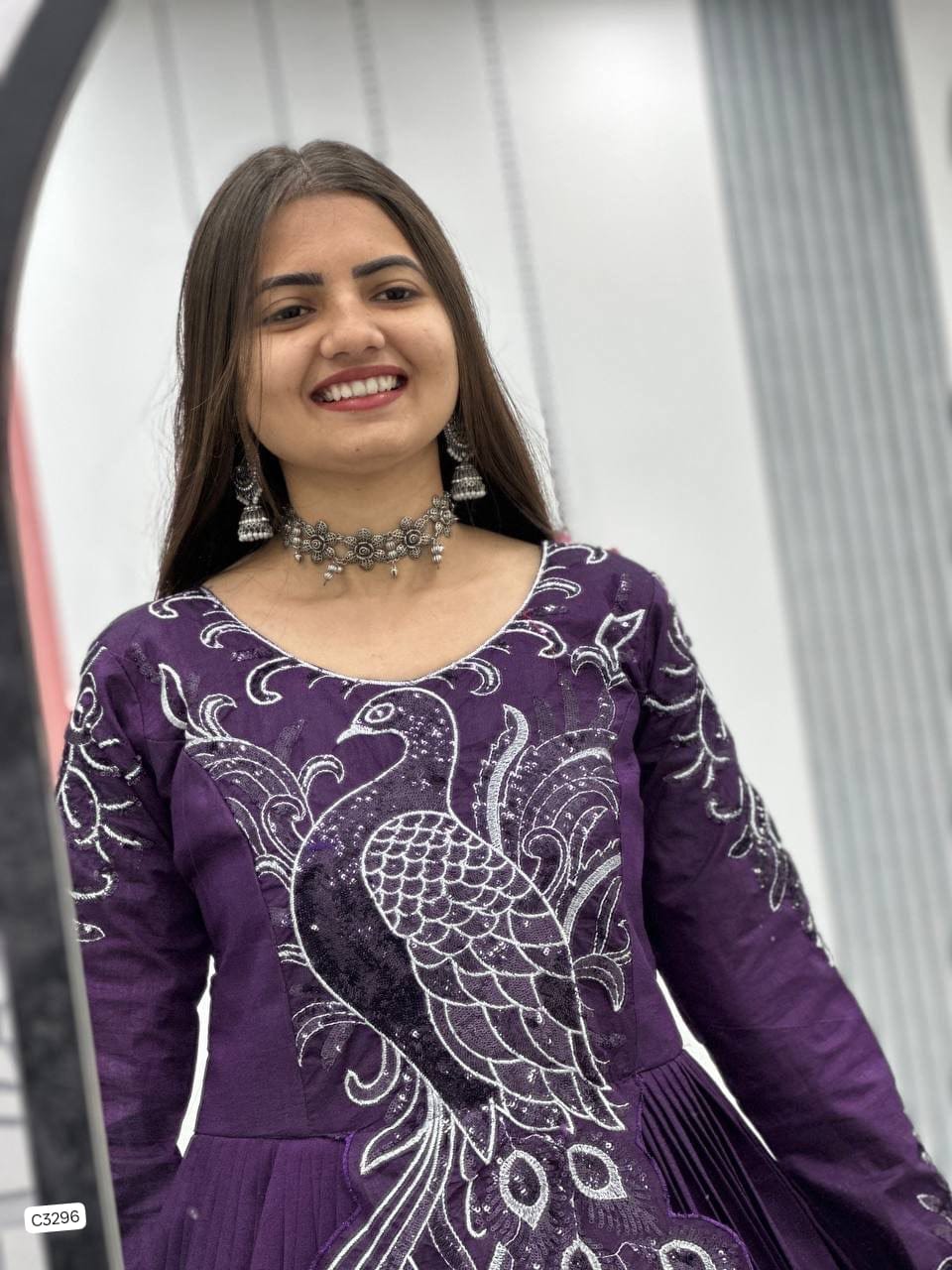 Beautiful Royal Plum Peacock Designer Anarkali Gown in Vichitra Silk