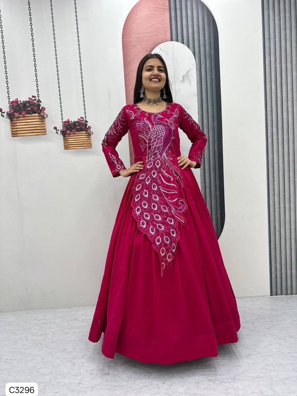 Exclusive Fuchsia Peacock Embroidered Anarkali Gown in Vichitra Silk