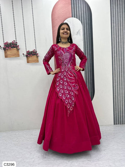 Exclusive Fuchsia Peacock Embroidered Anarkali Gown in Vichitra Silk
