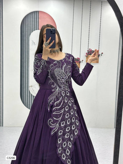 Beautiful Royal Plum Peacock Designer Anarkali Gown in Vichitra Silk
