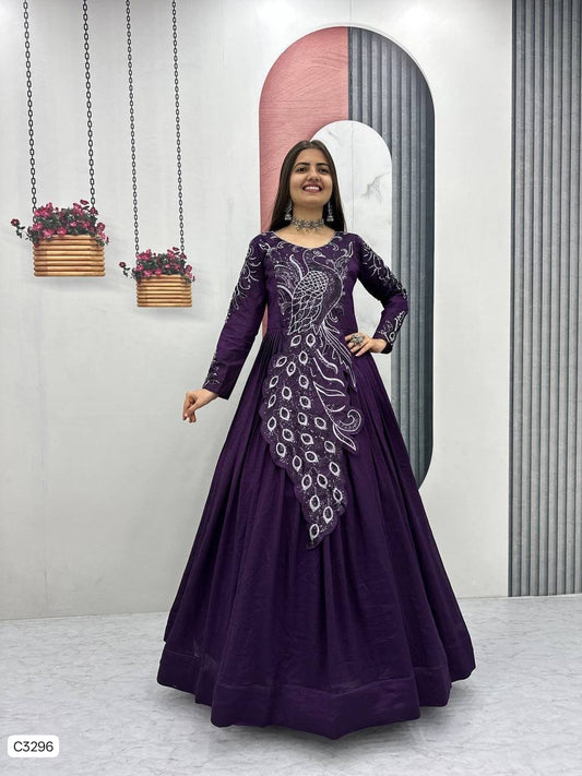 Beautiful Royal Plum Peacock Designer Anarkali Gown in Vichitra Silk
