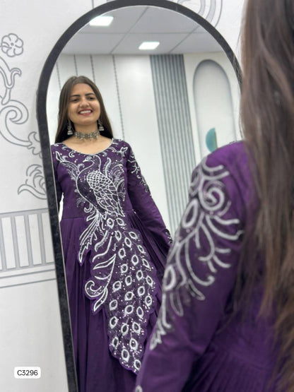 Beautiful Royal Plum Peacock Designer Anarkali Gown in Vichitra Silk