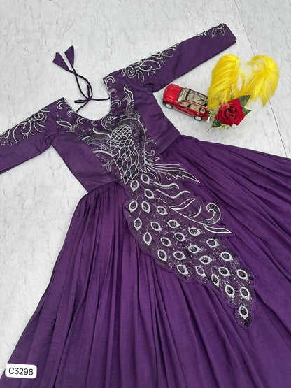 Beautiful Royal Plum Peacock Designer Anarkali Gown in Vichitra Silk