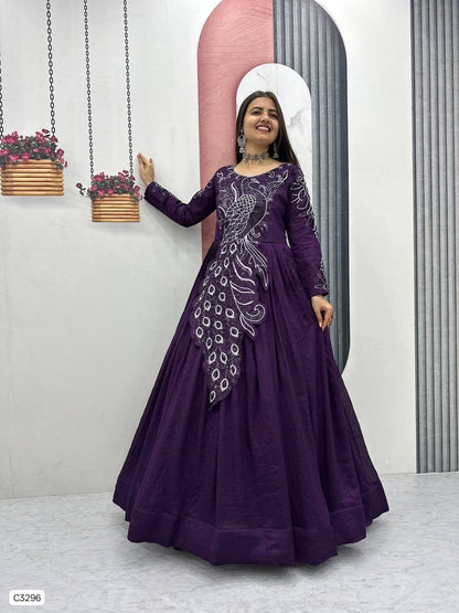 Beautiful Royal Plum Peacock Designer Anarkali Gown in Vichitra Silk