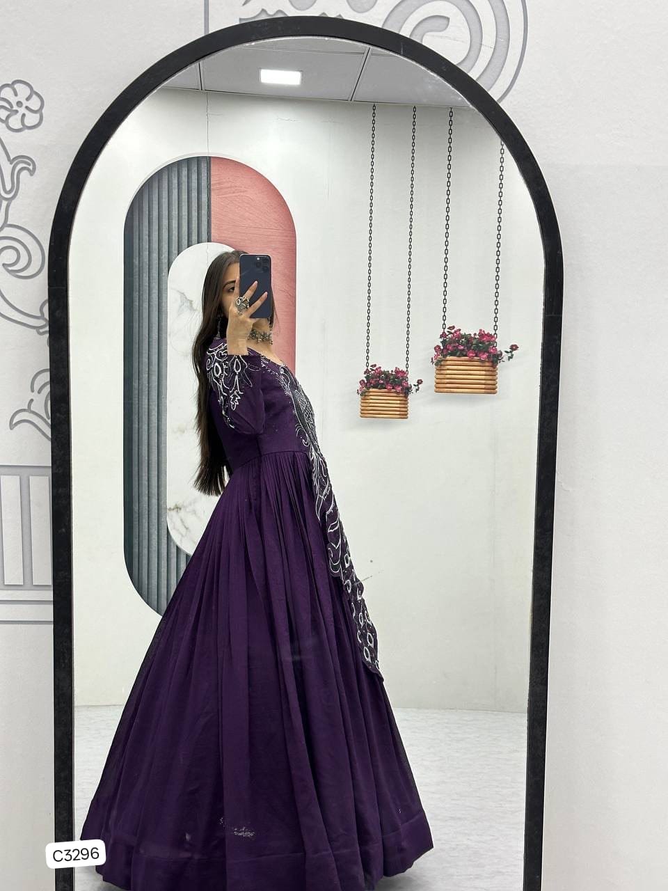 Beautiful Royal Plum Peacock Designer Anarkali Gown in Vichitra Silk