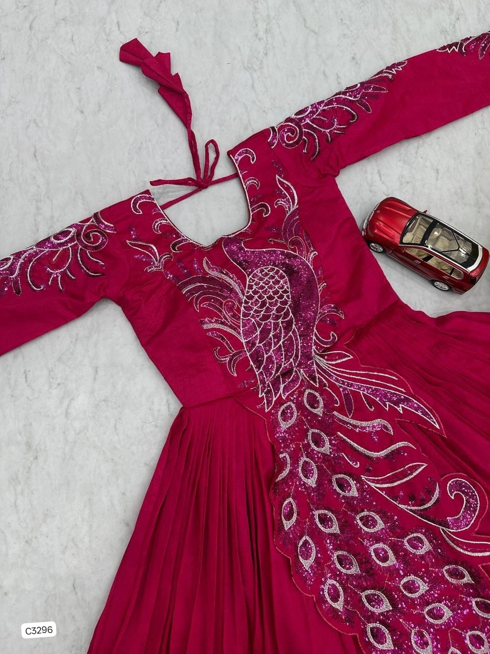 Exclusive Fuchsia Peacock Embroidered Anarkali Gown in Vichitra Silk