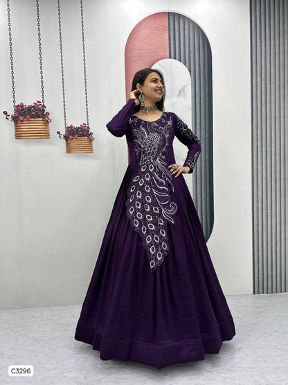 Beautiful Royal Plum Peacock Designer Anarkali Gown in Vichitra Silk