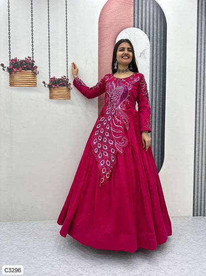 Exclusive Fuchsia Peacock Embroidered Anarkali Gown in Vichitra Silk