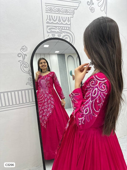 Exclusive Fuchsia Peacock Embroidered Anarkali Gown in Vichitra Silk