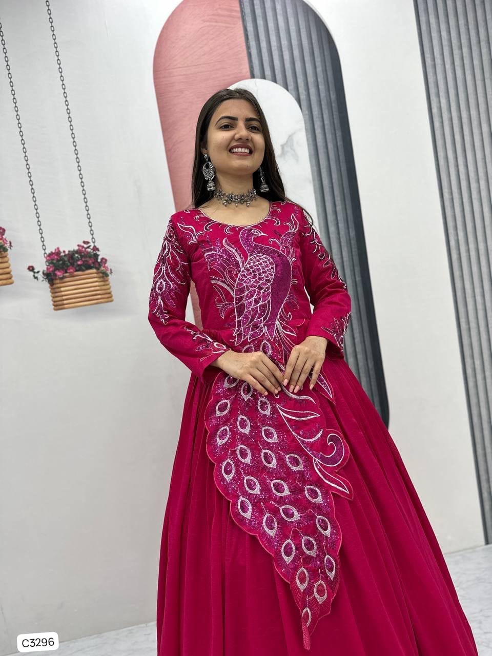 Exclusive Fuchsia Peacock Embroidered Anarkali Gown in Vichitra Silk