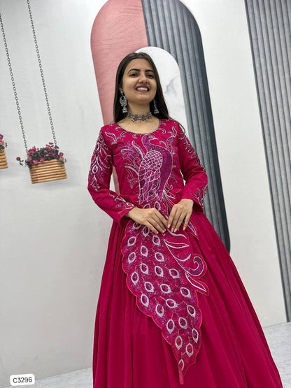 Exclusive Fuchsia Peacock Embroidered Anarkali Gown in Vichitra Silk