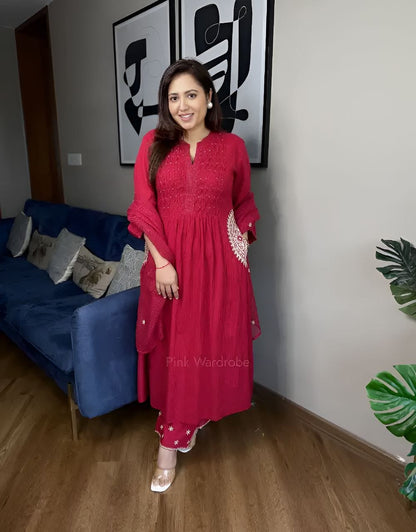 Red Pure Cottoon Embroidered Anarkali Kurta Set with Pants