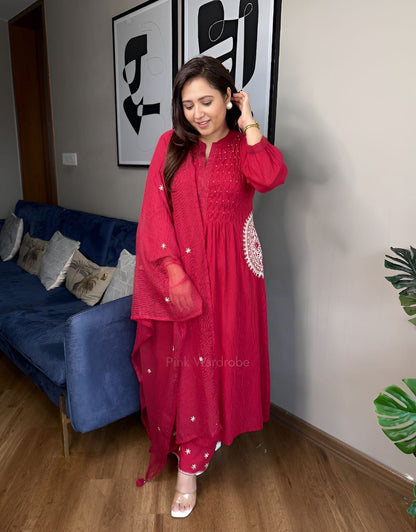 Red Pure Cottoon Embroidered Anarkali Kurta Set with Pants
