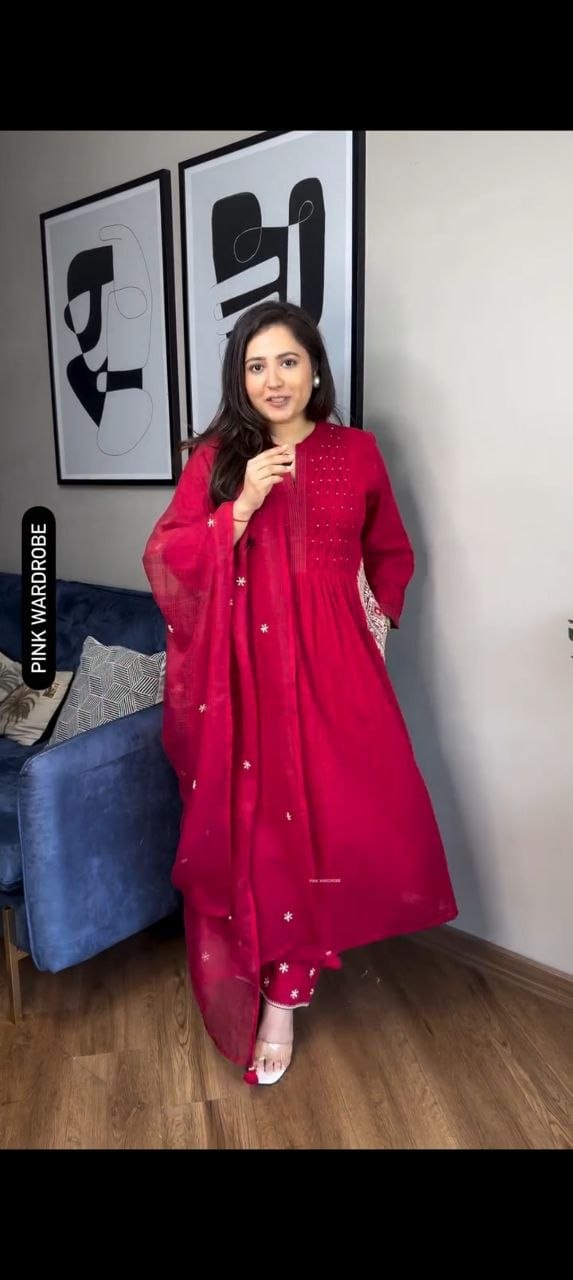 Red Pure Cottoon Embroidered Anarkali Kurta Set with Pants