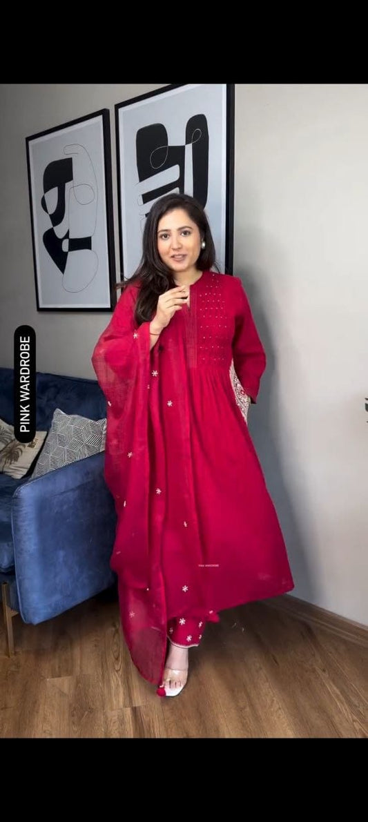 Red Pure Cottoon Embroidered Anarkali Kurta Set with Pants