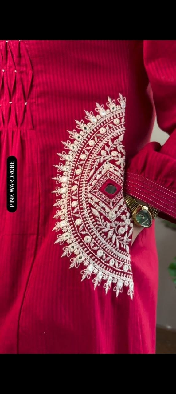 Red Pure Cottoon Embroidered Anarkali Kurta Set with Pants