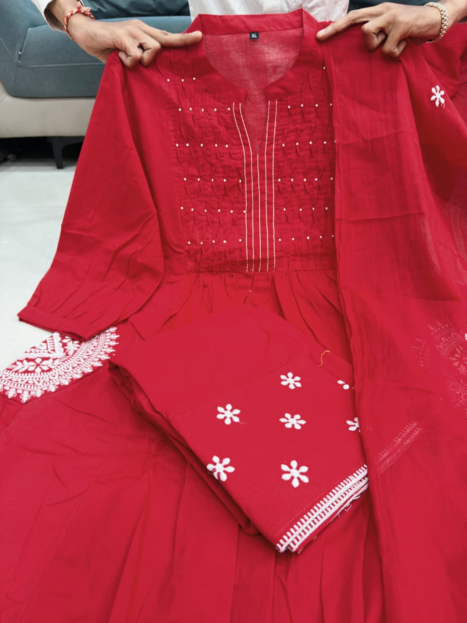 Red Pure Cottoon Embroidered Anarkali Kurta Set with Pants