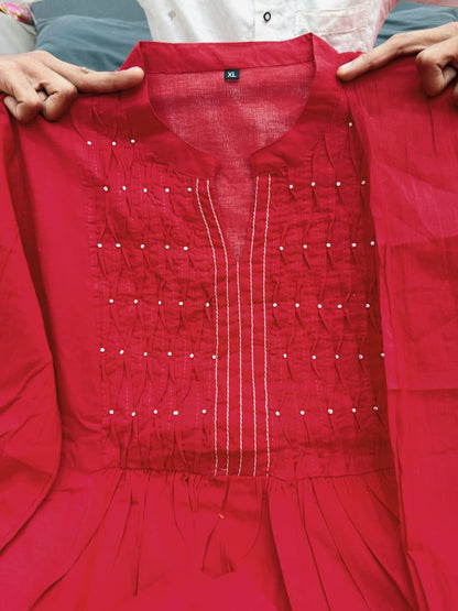Red Pure Cottoon Embroidered Anarkali Kurta Set with Pants