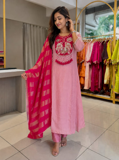 Pink Embroidered Designer Kurta Set with  Dupatta