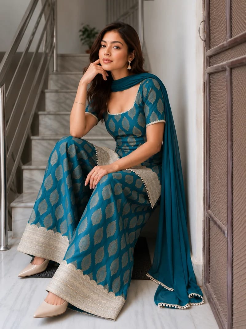 Teal Elegance Woven Kurta Sharara Set