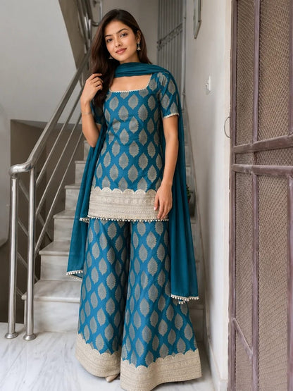 Teal Elegance Woven Kurta Sharara Set
