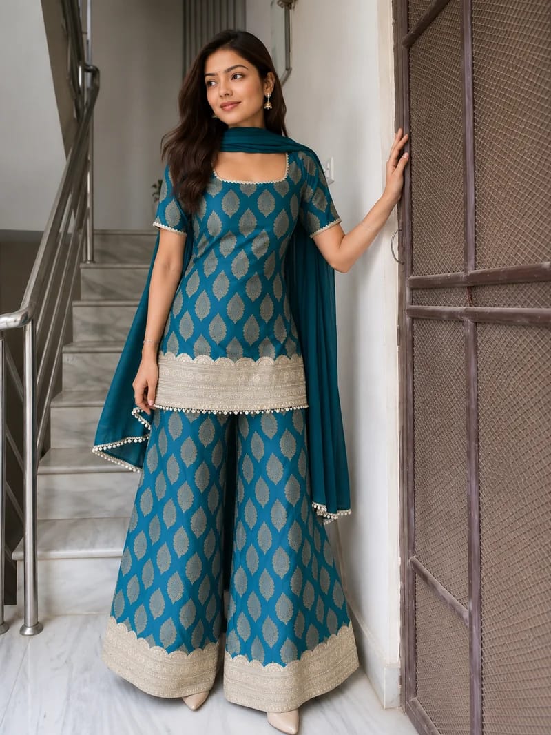 Teal Elegance Woven Kurta Sharara Set