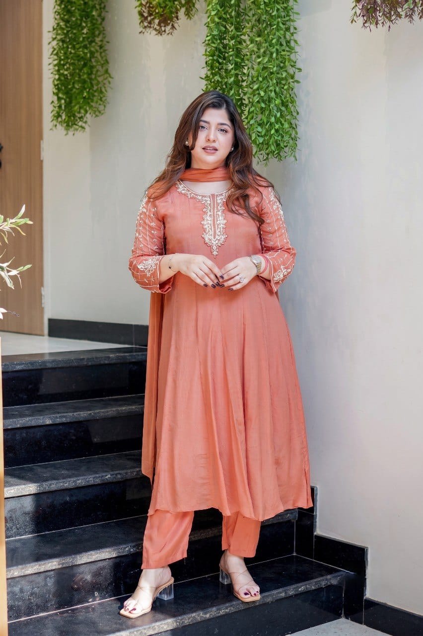 Rust Peach Embroidered Flared Suit Set