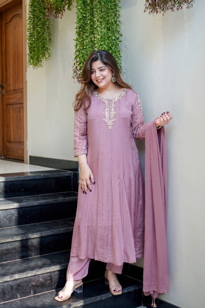Dusty Rose Embroidered Flared Suit Set