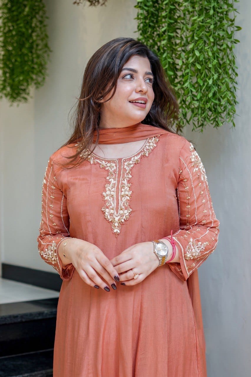 Rust Peach Embroidered Flared Suit Set