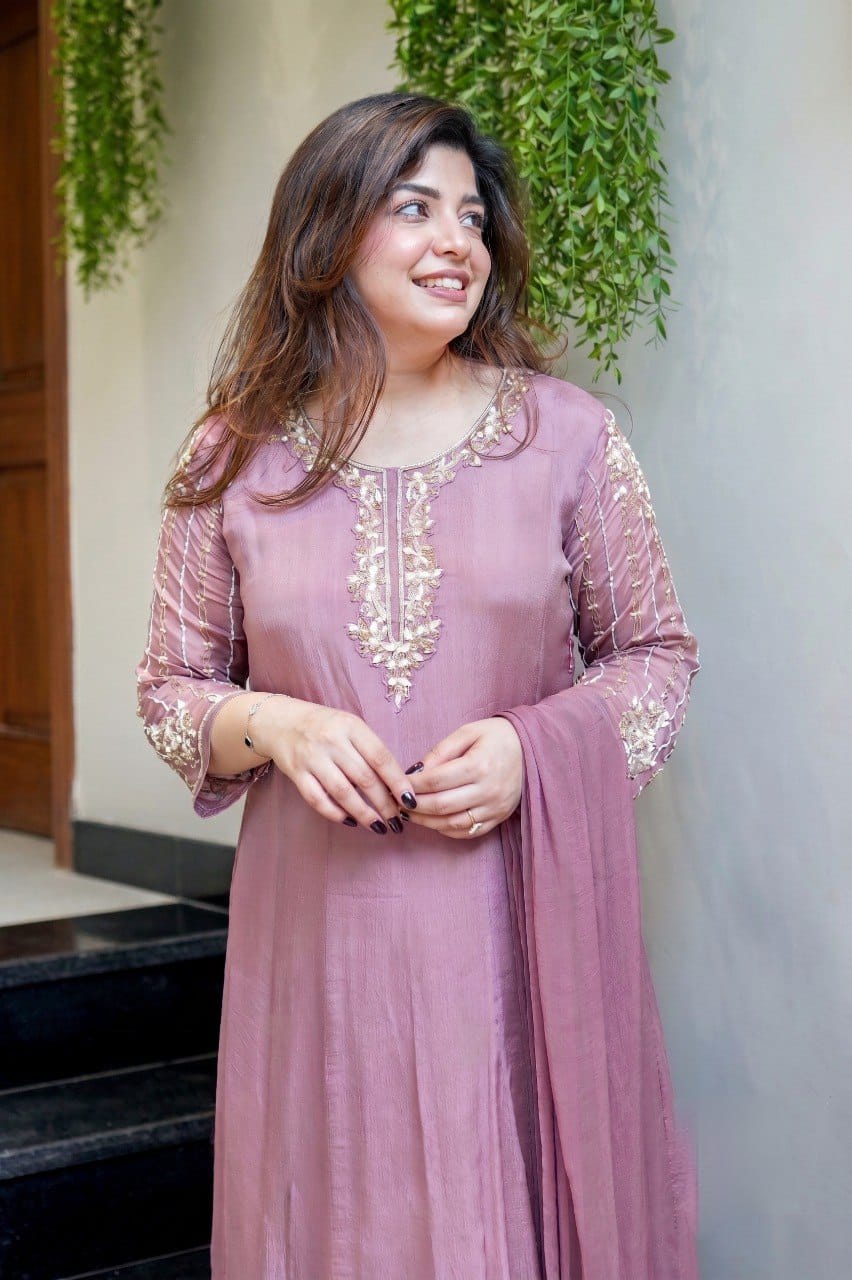 Dusty Rose Embroidered Flared Suit Set