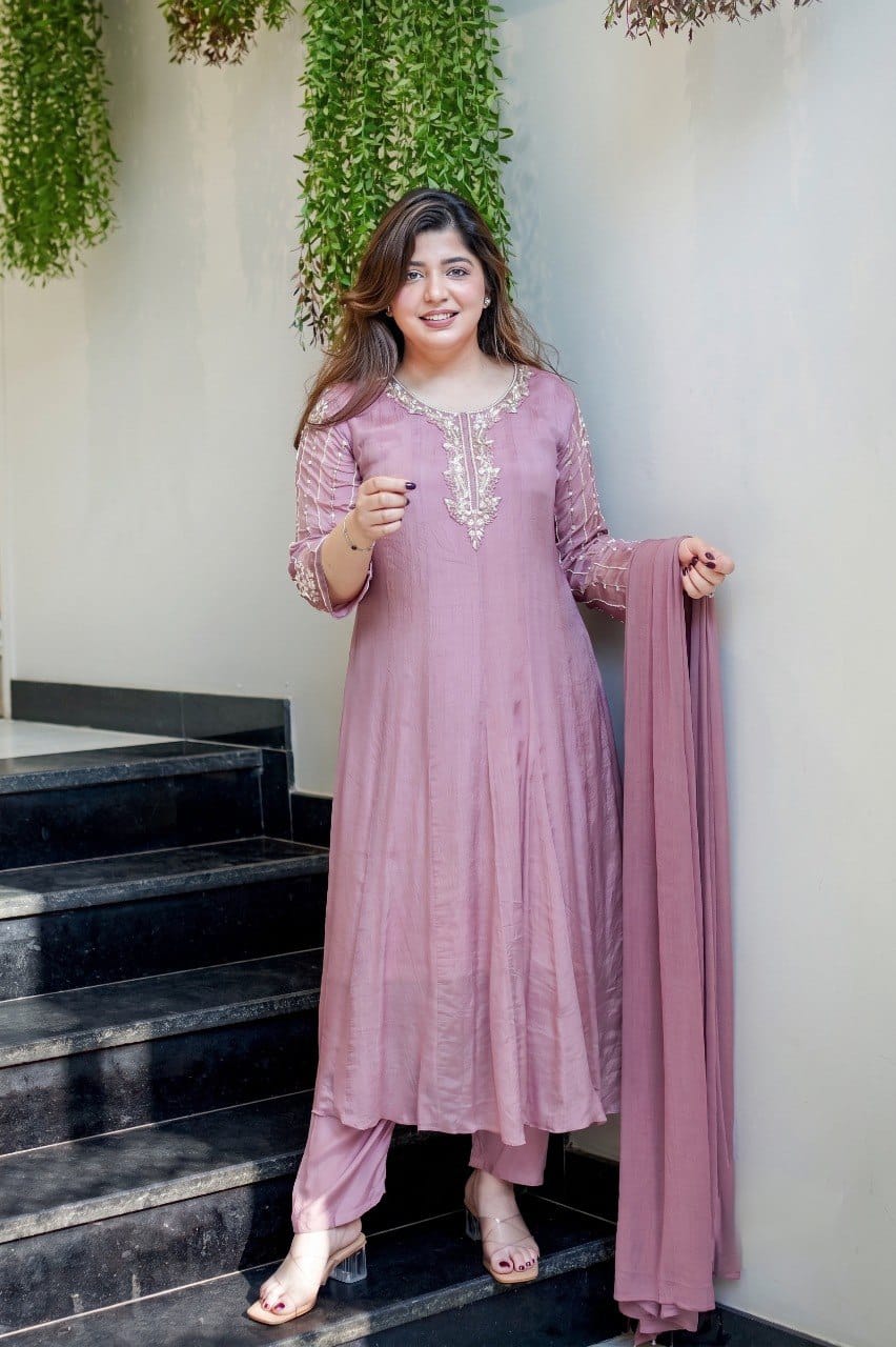 Dusty Rose Embroidered Flared Suit Set