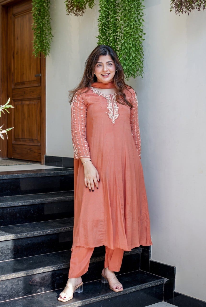 Rust Peach Embroidered Flared Suit Set