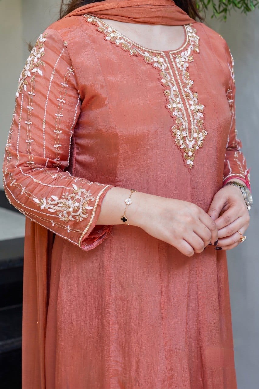 Rust Peach Embroidered Flared Suit Set