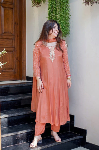 Rust Peach Embroidered Flared Suit Set