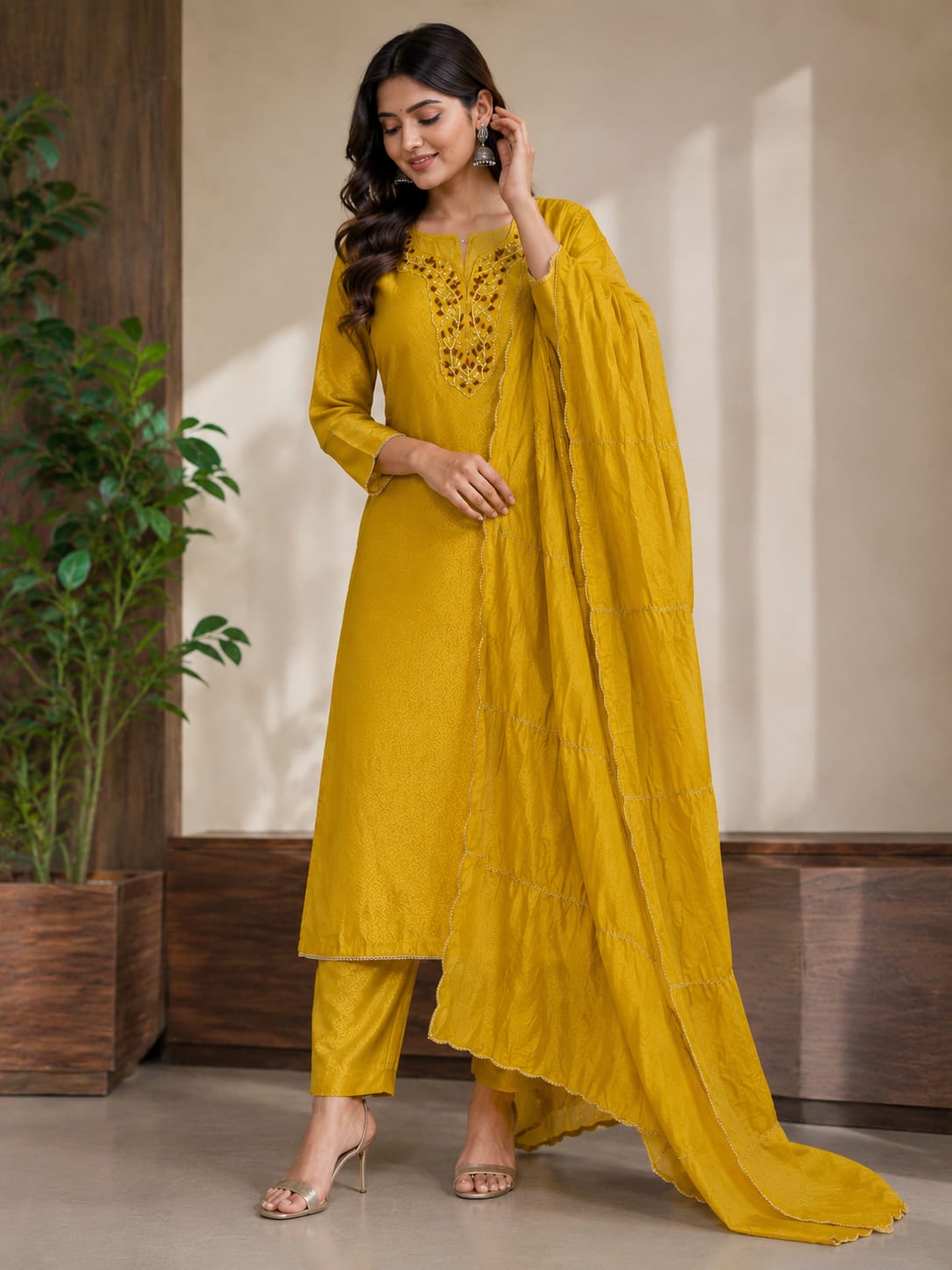Mustard Grace Embroidered Kurta Pant Dupatta Set