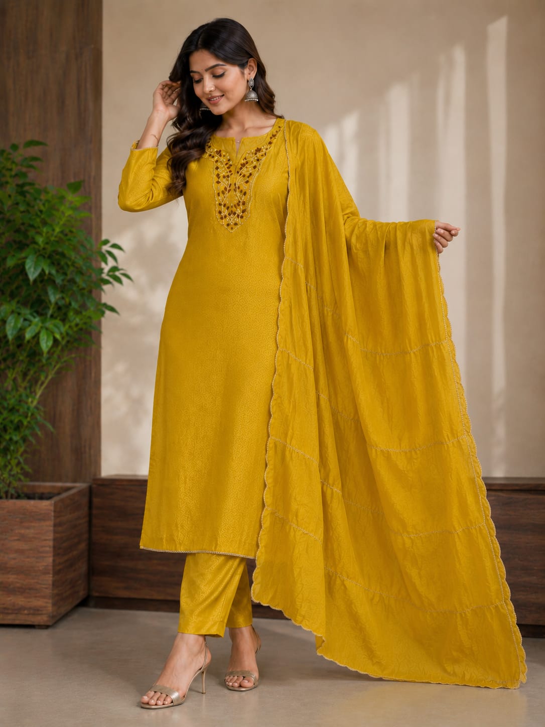 Mustard Grace Embroidered Kurta Pant Dupatta Set