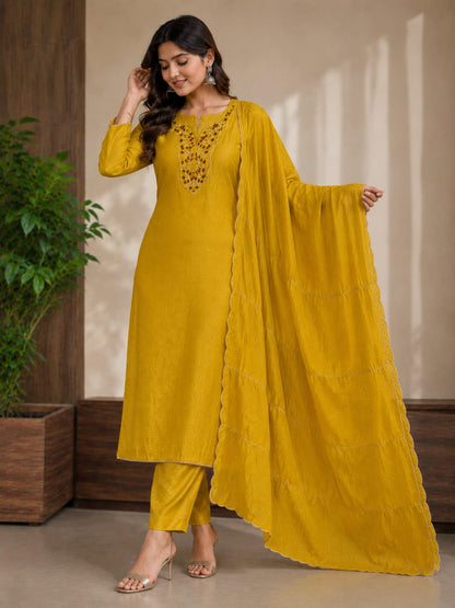Mustard Grace Embroidered Kurta Pant Dupatta Set
