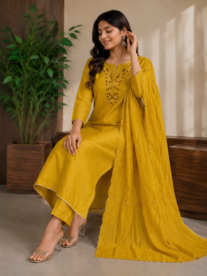 Mustard Grace Embroidered Kurta Pant Dupatta Set