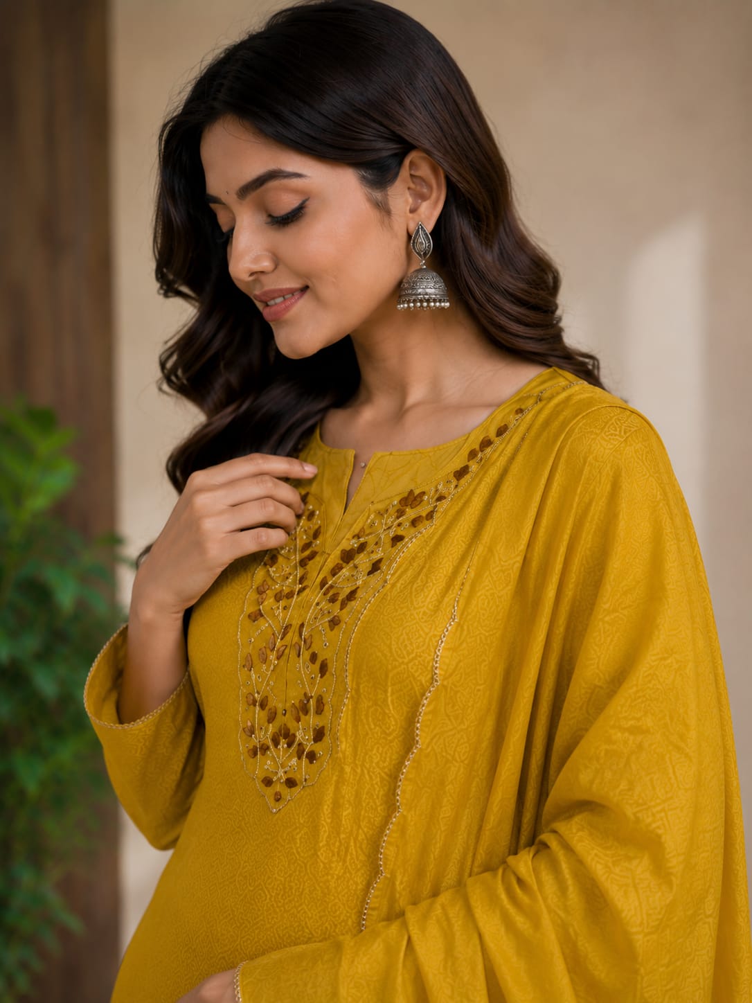 Mustard Grace Embroidered Kurta Pant Dupatta Set