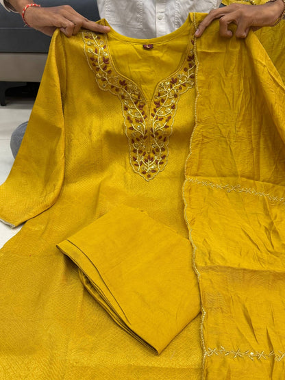 Mustard Grace Embroidered Kurta Pant Dupatta Set