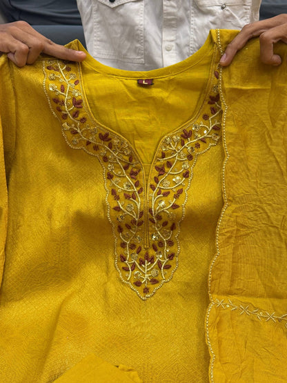 Mustard Grace Embroidered Kurta Pant Dupatta Set