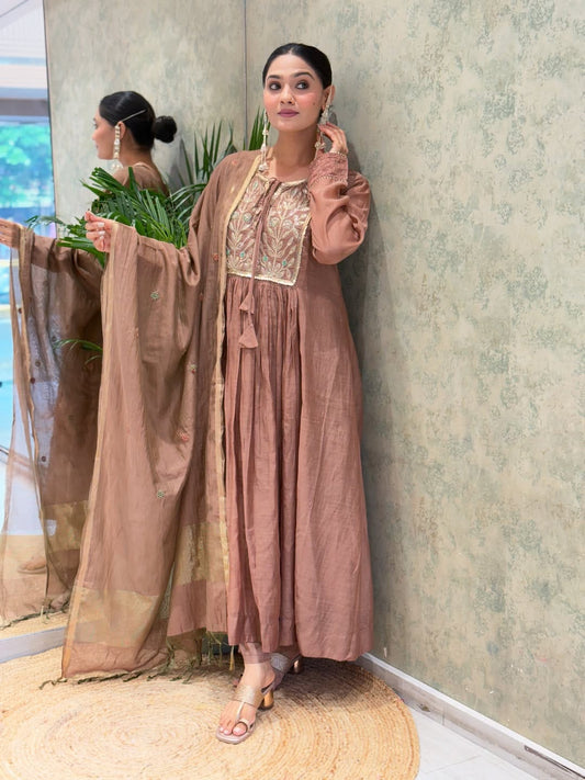 Charming Mocha Embroidered Anarkali Suit Set