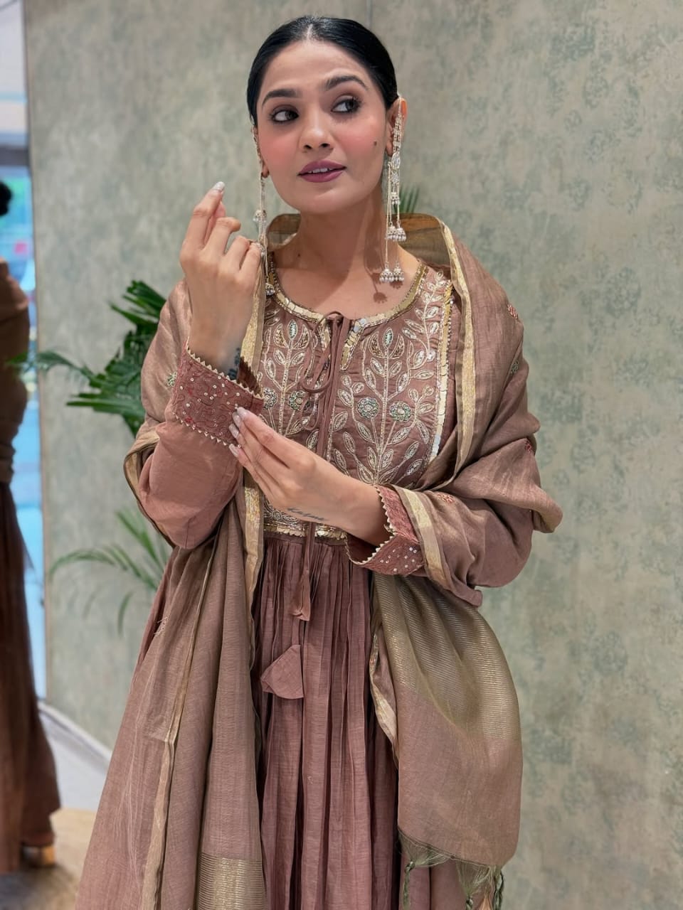 Charming Mocha Embroidered Anarkali Suit Set