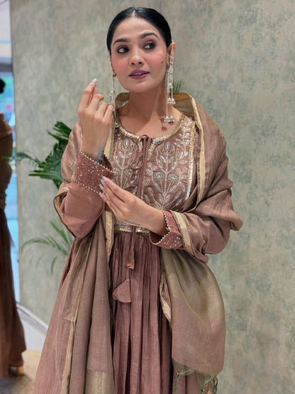 Charming Mocha Embroidered Anarkali Suit Set