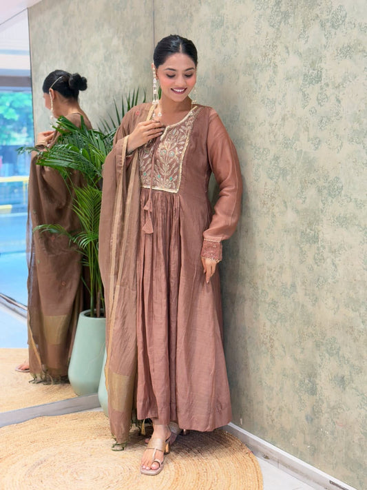 Charming Mocha Embroidered Anarkali Suit Set