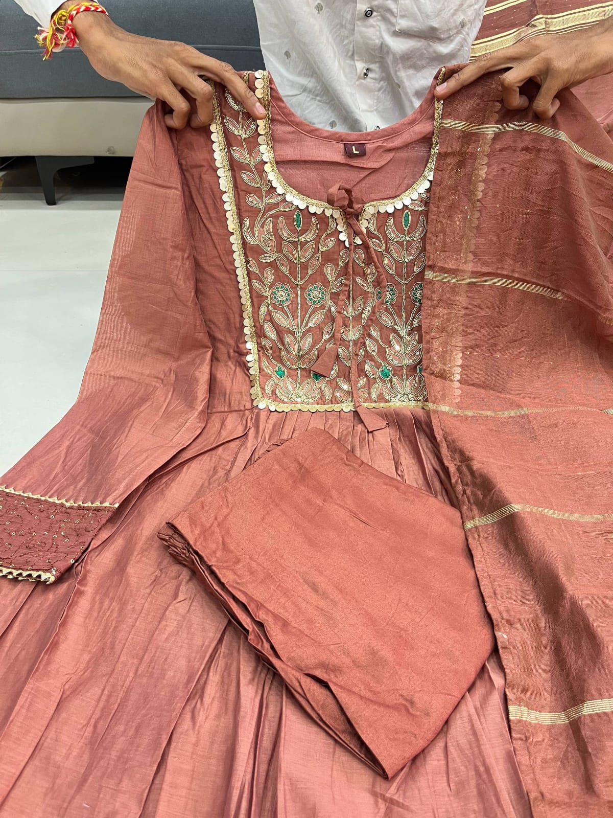 Charming Mocha Embroidered Anarkali Suit Set
