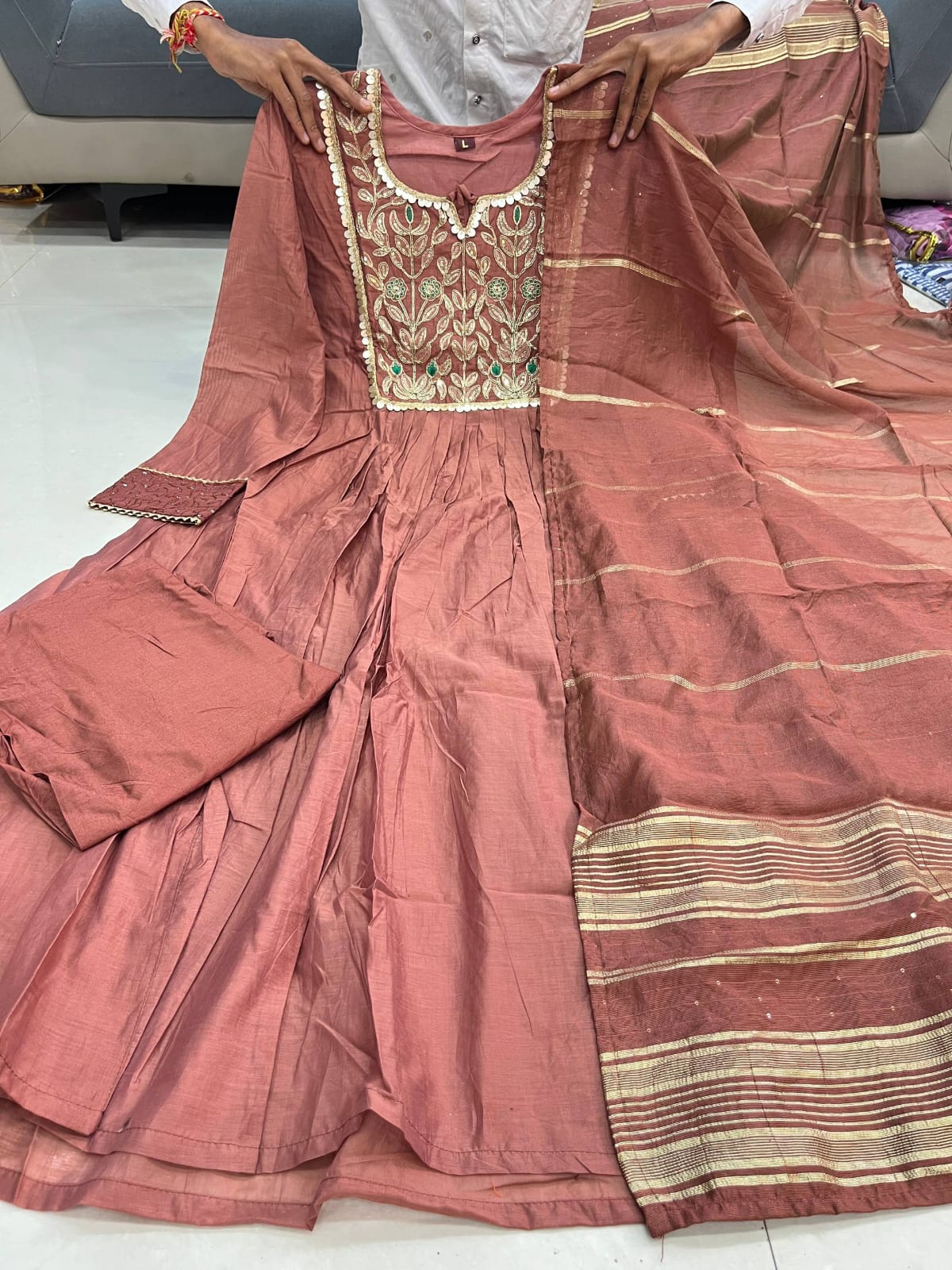 Charming Mocha Embroidered Anarkali Suit Set