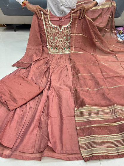 Charming Mocha Embroidered Anarkali Suit Set
